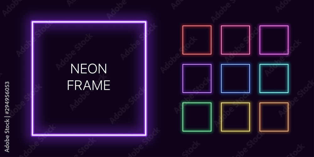 Neon monochrome square Border with copy space. Templates set - obrazy, fototapety, plakaty 