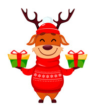 Funny Reindeer Holding Two Gift Boxes