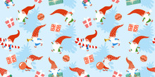 Winter Christmas Pattern With Funny Gnomes And Gifts. Vector Seamless Texture.
