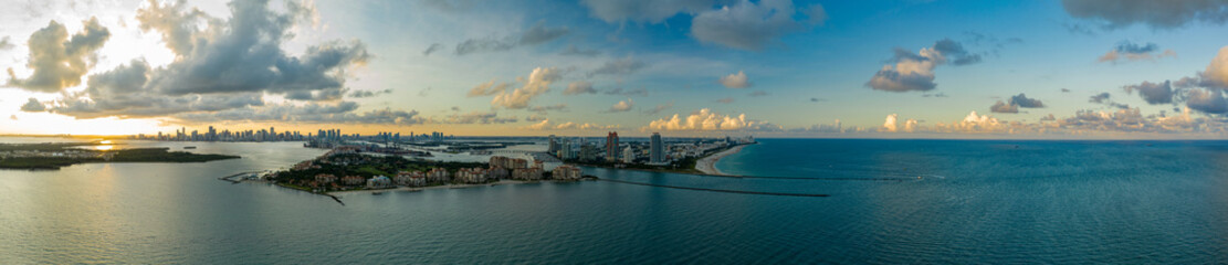 Canvas Print - Aerial drone panorama Miami Beach inlet sunset twilight shot