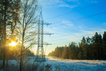 Power Lines Pass Through A Winter Forest With Snowdrifts In The Early Winter Morning With Bright Yellow Rays And Beams Of The Sun