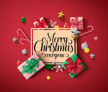 Chirstmas Greeting Vector Template. Merry Christmas Everyone Greeting Text In Orange Empty Frame With Colorful Elements Of Xmas Decor Like Gift, Candy Cane, And Ball In Red Background. 
