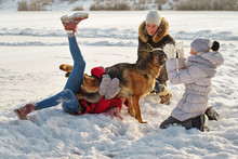 Joyful Teens Spend Time Together With Lovely Pet German Shepherd Dog On A Walk In The Winter Park On A Sunny Day. Having Fun Playing In Snow Outdoors. Time For Cheery. Happy Family. Playful Mood