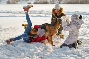 Joyful teens spend time together with lovely pet German Shepherd Dog on a walk in the winter park on a sunny day. Having fun playing in snow outdoors. Time for cheery. Happy family. Playful mood