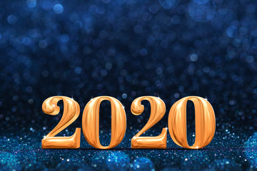 Poster - 2020 golden new years 3d rendering at abstract sparkling dark blue glitter perspective background studio.luxury holiday backdrop.mock up banner for display of product.celebration festive greeting card