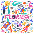 Florida beach summer rest flat vector illustration. State and town names handwritten lettering. Holiday vacation entertainments, recreation. Holidaymakers cartoon characters. Summertime rest concept