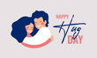 Happy Hug day greeting card with young people hugging each other. Children embrace with love and smile at each other.