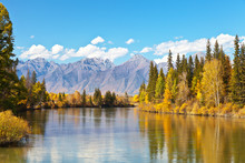 Tranquil Beautiful Autumn Landscape With A Reflection Of Yellowed Trees And A Mountain Range In A Wide River On A Sunny Day. Siberia, Baikal Region, Eastern Sayan,  Buryatia, Tunka Valley, Irkut River