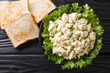 © FomaA - Organic chicken salad with celery, eggs seasoned with sauce closeup on a plate. Horizontal top view