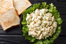 Southern Chicken Salad With Celery, Eggs And Green Onions With Toast Close-up On A Plate. Horizontal Top View