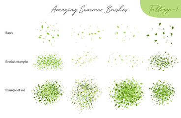 Set of summer vector foliage ecology brushes - silhouettes of summer leaves, foliage of trees, different greenery types isolated on white, vector illustration brush nature collection