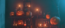 Halloween Decoration With Pumpkins And Magic Potions Indoor