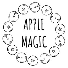 Apple magic. Cute cut in half apples natural drawn decorative wreath cozy banner. Autumn poster. Cartoon style ornament