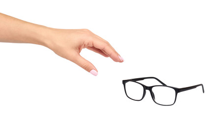 Poster - Hand with black eyeglasses, eye optic correction tool.