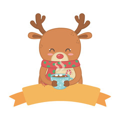 Sticker - reindeer with scarf holding chocolate cup decoration merry christmas emblem