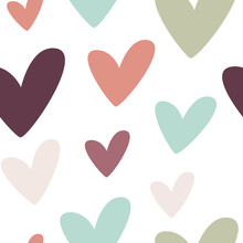 Seamless Hearts Pattern In Autumnal Colors On White Background. Vector Illustration, Flat Design