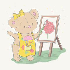 Wall Mural - Lovely cute little bear girl draws red rose on an easel. Series of school children's card with cartoon style animal.