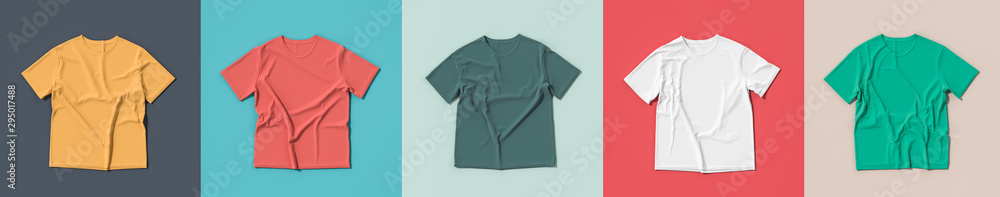 Colorful t-shirts on colorful background. t-shirt mock ups with five different colours.3D illustration - obrazy, fototapety, plakaty 