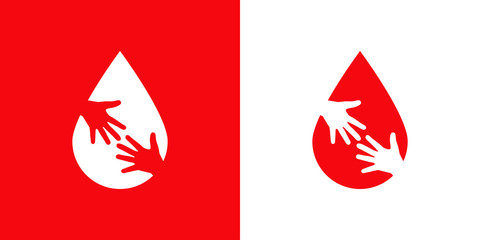 Poster - Símbolo donación de sangre. Logotipo con gota de sangre con dos manos espacio negativo en fondo rojo y fondo blanco