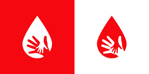 Poster - Símbolo donación de sangre. Logotipo con gota de sangre con dos manos espacio negativo en fondo rojo y fondo blanco