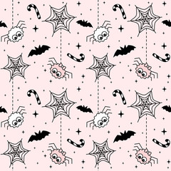 cute black, white and pink halloween seamless vector pattern background illustration with spider, bats, cobweb, candy cane and stars