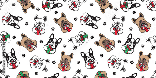 Plakat dog seamless pattern Christmas vector french bulldog Santa Claus paw footprint gift box scarf isolated cartoon repeat background tile wallpaper illustration design