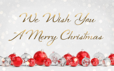 Christmas card greetings with red and white christmas baubles 3D rendering