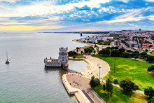 Aerial View Of Belem Tower In Lisbon, Portugal During The Hot Evening In Summer
