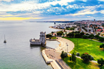 Wall Mural - Aerial view of Belem Tower in Lisbon, Portugal during the hot evening in summer