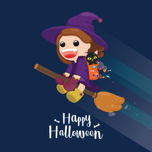 Halloween Greeting Card With Cute Witch Flying On Magic Broom. Vector Illustraion 