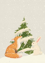 Christmas Card With Fox And Rabbit