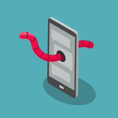 Leinwandbilder - Worm cyber attack symbol with cell phone and red worm isolated on blue background. Flat design, easy to use for your website or presentation.