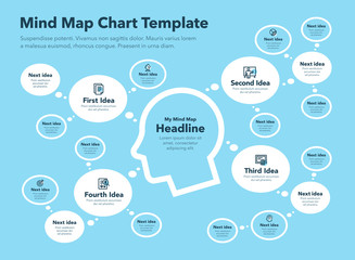 Poster - Simple infographic for mind map visualization template with head as a main symbol and think bubbles - blue version. Easy to use for your design or presentation.