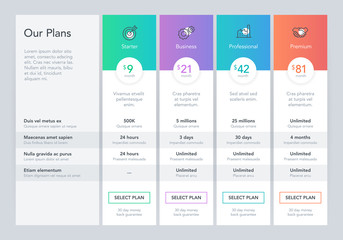 Poster - Modern pricing comparison table with four subscription plans and place for description. Flat infographic design template for website or presentation.