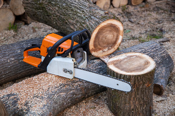 Wall Mural - Chainsaw close up. Chainsaw with a tool. Chainsaw on the background of firewood