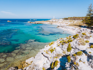 Rottnest Island, Perth, Western Australia. Beautiful clear blue waters with unique landscape, shot aerially with a drone. The island is perfect for swimming, snorkelling and exploring. 