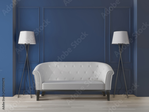 3d rendering big living room.interior design, art deco style, dark blue wall for mock up and copy space