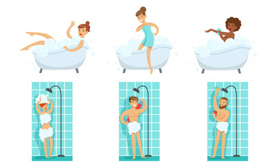 Canvas Print - Young Men and Women Taking Shower and Bath in Bathtub in Bathroom Set Vector Illustration