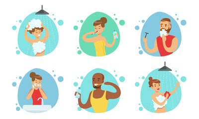 Sticker - People Doing Bathroom Procedures Set, Male and Female Characters Morning Daily Routine Vector Illustration