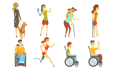 Wall Mural - Different Disabled Handicapped People Set, Blind, Injured and Handicapped Persons Vector Illustration