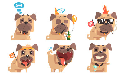 Poster - Cute Pug Dog with Various Emotions Set, Adorable Funny Animal Cartoon Character in Different Situations Vector Illustration