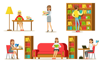 Canvas Print - People in Library Set, Visitors and Students Reading Books and Studying Vector Illustration