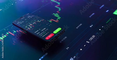 Fotografía Futuristic stock exchange scene with mobile phone, chart, numbers and SELL and B