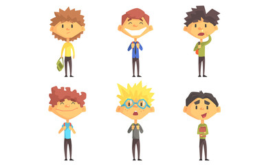 Wall Mural - Funny School Boys Cartoon Characters with Various Emotions Set Vector Illustration