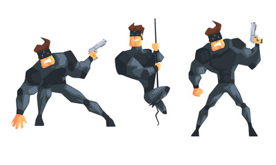 Sticker - Secret Agent or Spy in Black Suir in Different Actions Set Vector Illustration