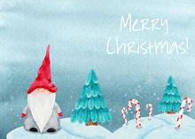 Watercolor Christmas Greeting Card With Scandinavian Gnome On Beautiful Snowy Background. Illustrations Of Nordic Folklore Creature Nisse Aka Tomte On Snowdrifts With Sweet Canes And Christmas Trees.