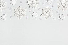 Christmas Composition. Border Made Of Snowflakes On Pastel Gray Background. Christmas, Winter, New Year Concept. Flat Lay, Top View, Copy Space