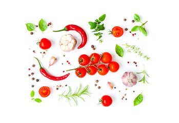 Wall Mural - Top view of cherry tomatoes and green herbs