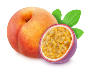 Wall Mural - Composite image with whole and halved exotic fruits - peach and passion fruit isolated on white background. As design element.