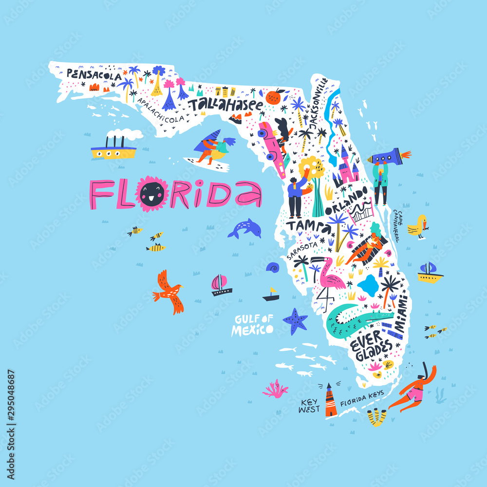 Florida state color map flat vector illustration. American city names  handwritten lettering. US tourist attractions, infrastructure,  entertainments. People on beach cartoon characters Stock Vector | Adobe  Stock, image size:1000x1000